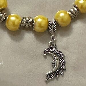 925 Sterling Silver Chain w/Lemon Yellow Beads & Moon Charm. Homemade. NWOT.
